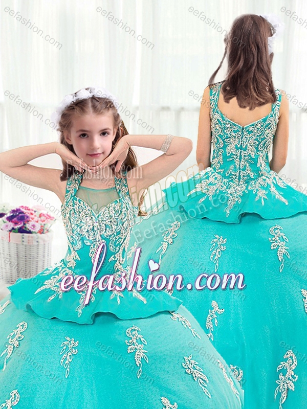 Pretty Straps Turquoise Little Girl Mini Quinceanera with Appliques