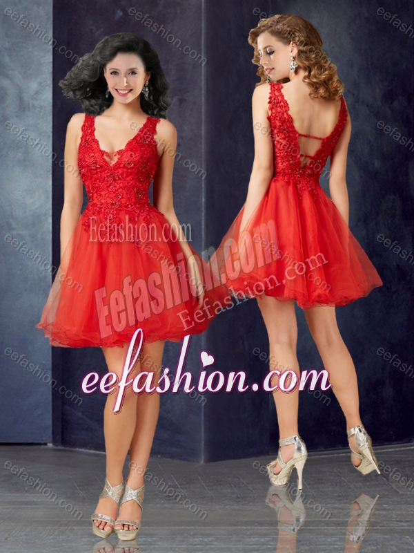 2016 Beautiful Deep V Neckline Tulle Red Bridesmaid Dress with Lace