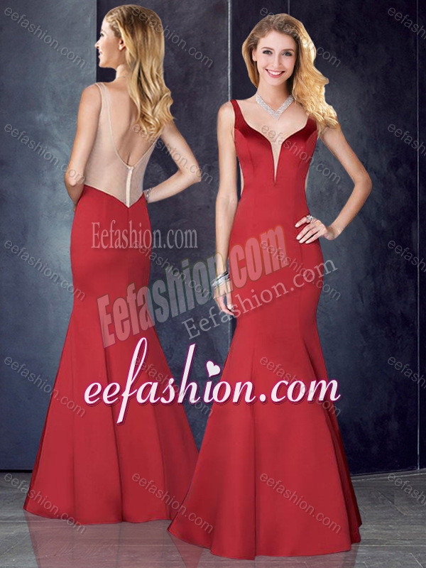 2016 Mermaid Straps Satin Red Bridesmaid Dress with See Through Back