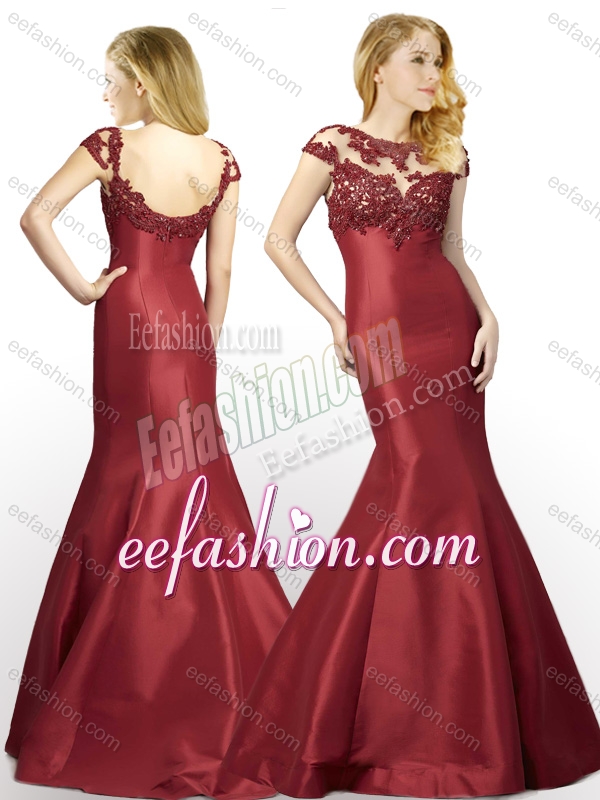 2016 New Arrivals Applique Mermaid Brush Train Satin Cheap Prom Dress in Wine Red