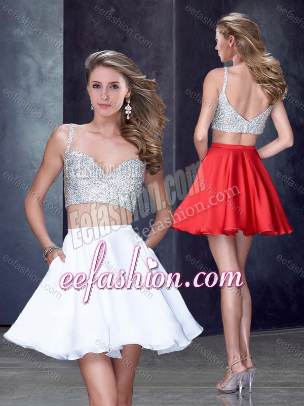 2016 Two Piece Straps White Short Cheap Prom Dress with Beading