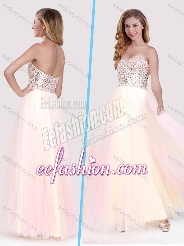 2016 Classical Beaded Bodice Empire Baby Pink Long Dama Dress in Tulle