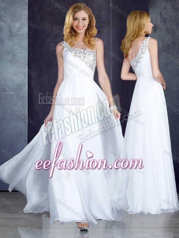 2016 Custom Fit Empire One Shoulder Beaded White Dama Dress