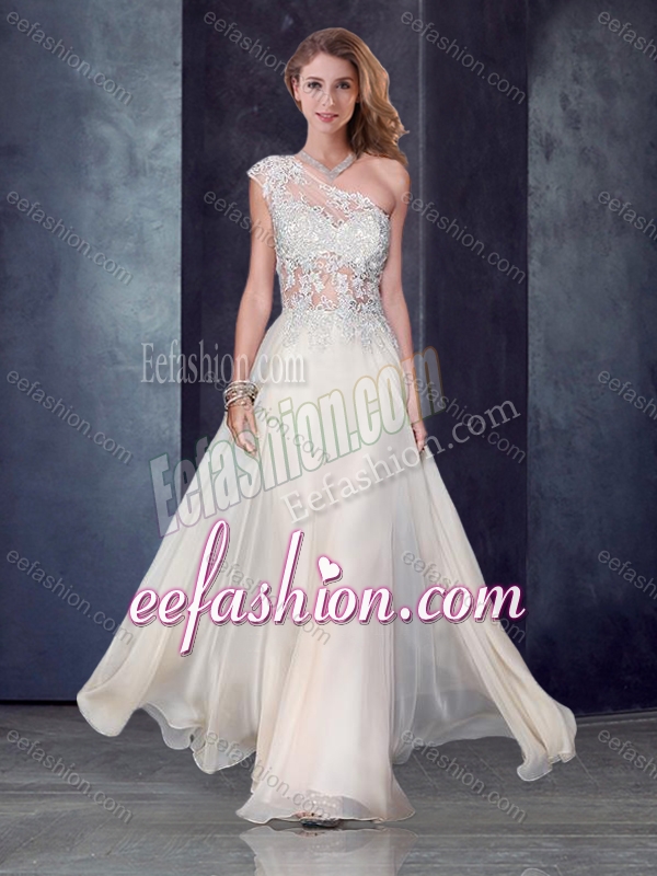 2016 One Shoulder Applique Champagne Dama Dress with See Through Back
