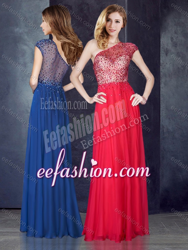 2016 One Shoulder Beaded Coral Red Dama Dress with See Through Back