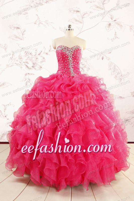2015 Pretty Beading Sweet 15 Dresses in Hot Pink
