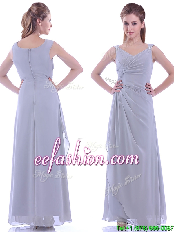 Cheap Column V Neck Ankle-length Ruching Prom Dress in Grey