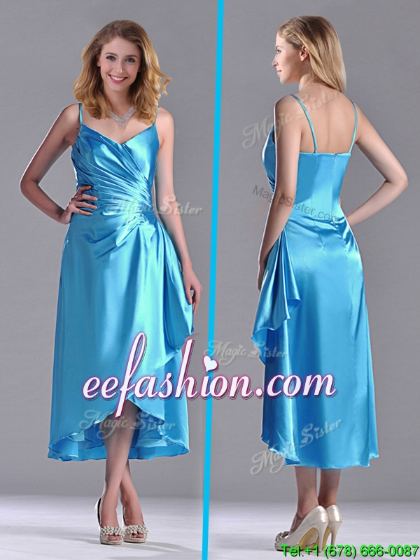 Classical Spaghetti Straps Baby Blue Prom Dress in Tea Length