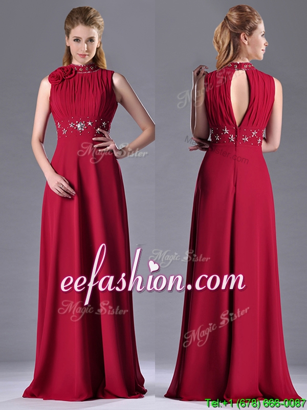 Empire High Neck Open Back Red Prom Dress with Beading and Hand Crafted