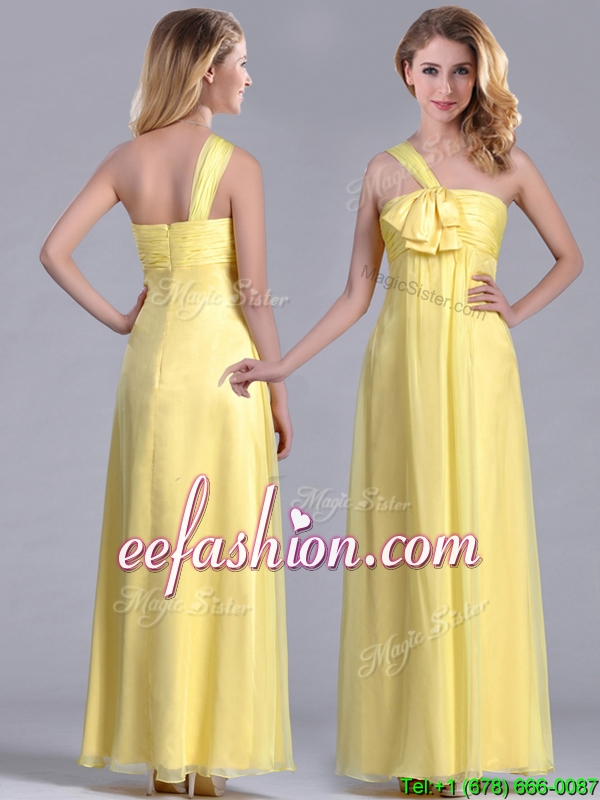 Exclusive One Shoulder Chiffon Yellow Prom Dress in Ankle Length