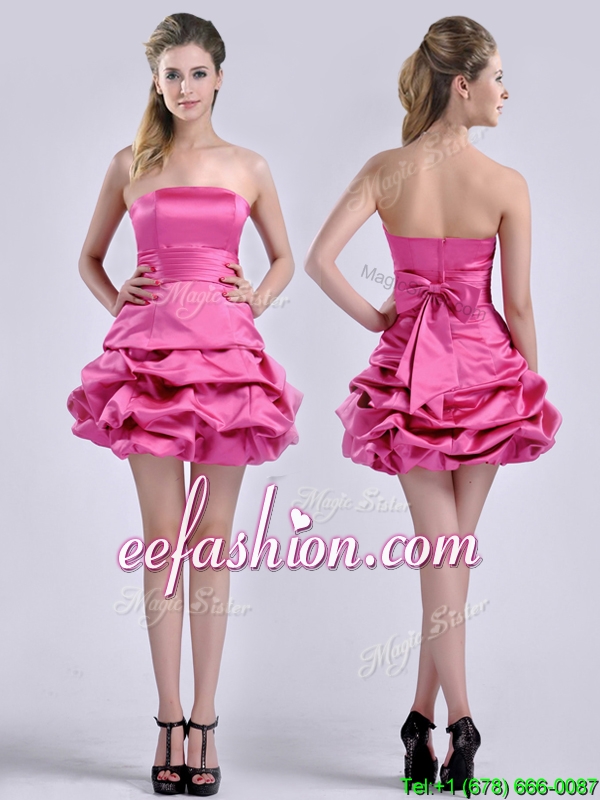 Latest A Line Bubble and Bowknot Taffeta Prom Dress in Hot Pink