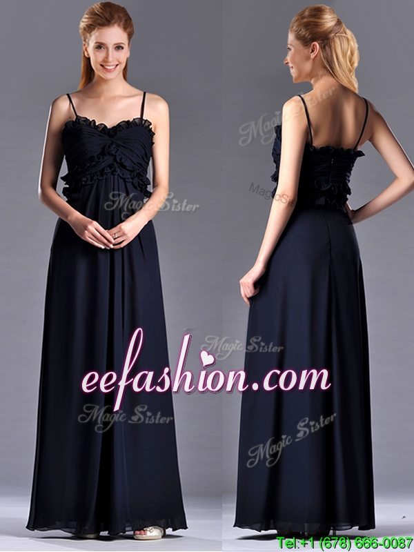 Simple Empire Straps Chiffon Ruching Navy Blue Prom Dress for Holiday