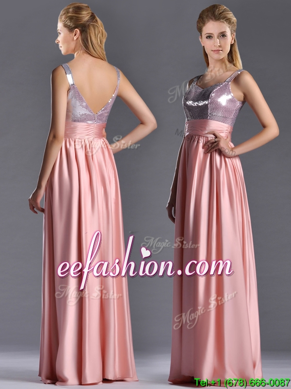 Lovely Empire Straps Zipper Up Peach Prom Dress with Sequins