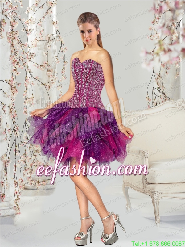 2015 Fashionable Multi-color Prom Dress with Beading and Ruffles
