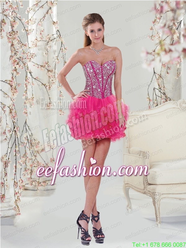 Trendy Beading and Ruffles Hot Pink Prom Dress for 2015