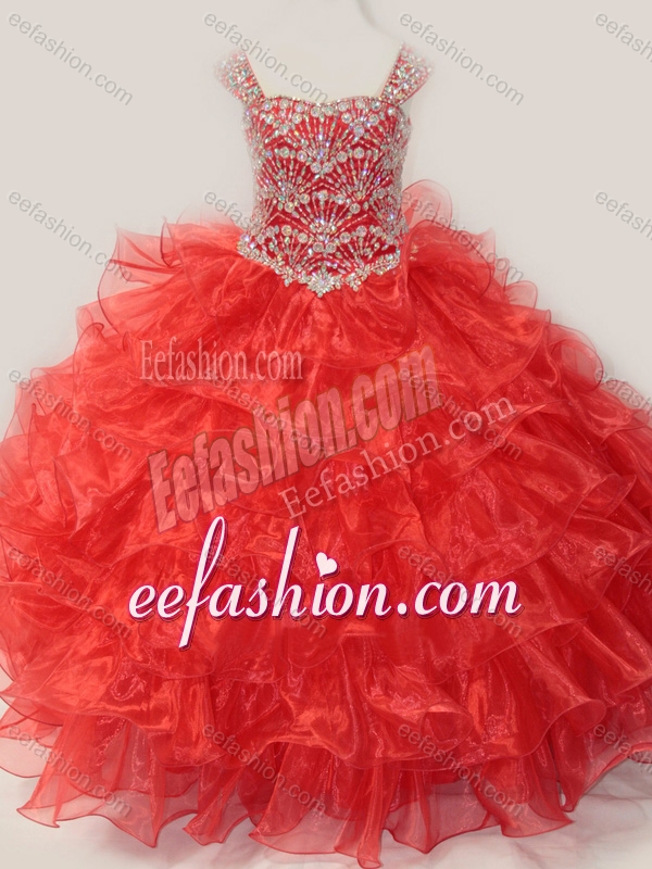 Ball Gown Straps Organza Beaded Bodice Lace Up Little Girl Quinceanera Dress in Red