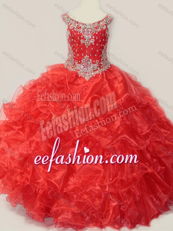 Beautiful Beaded and Ruffled Organza Little Girl Quinceanera Dress in Red