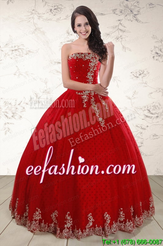 Amazing Red Strapless 2015 Quinceanera Dresses with Appliques