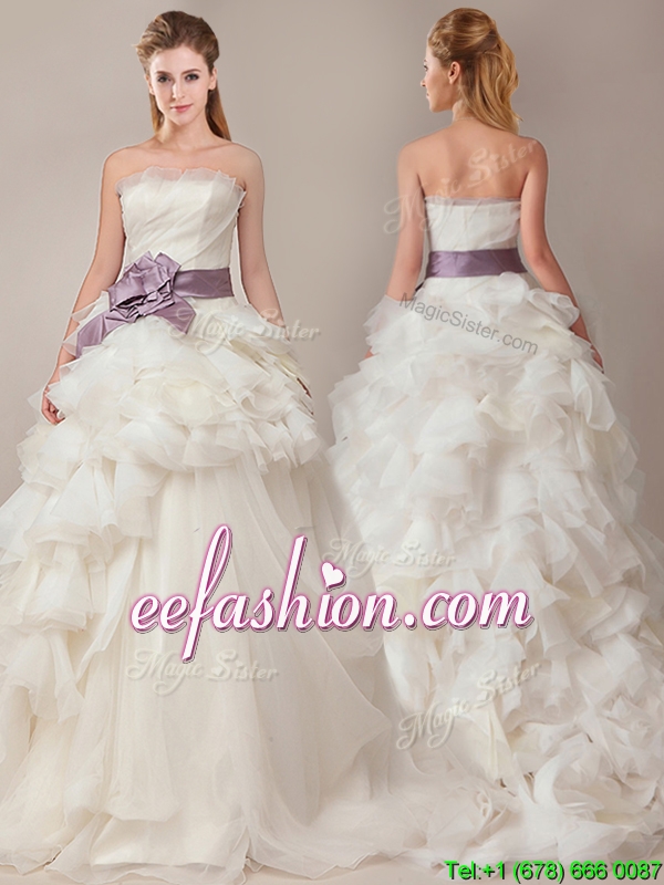 Ball Gown Strapless Sophisticated Ruffled and Sashed Wedding Dresses with Brush Train