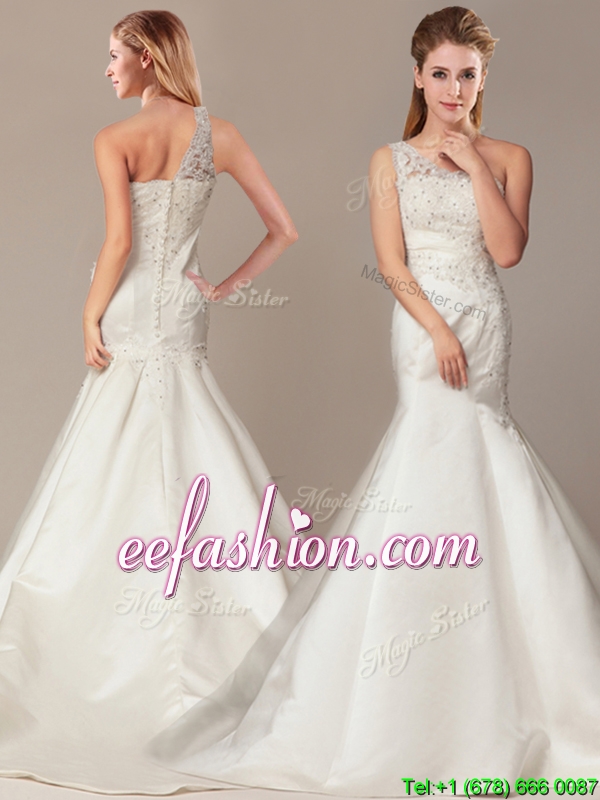 Beaded Decorate Shoulder Mermaid Wedding Dresses with Court Train
