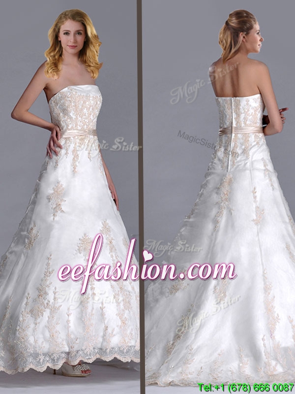 Popular Princess Strapless Applique and Belted Wedding Dresses with Brush Train