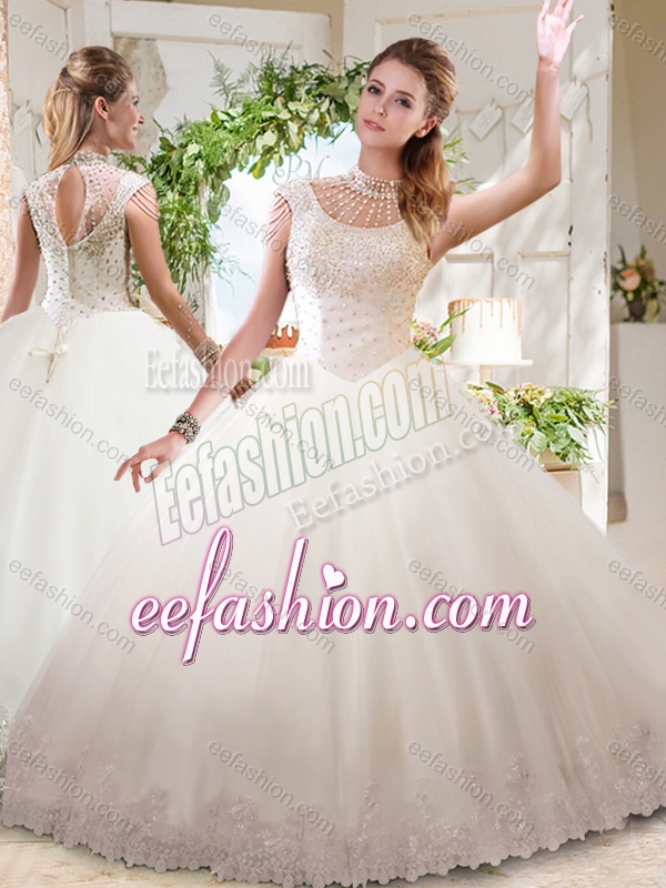 See Through Ball Gowns High Neck Lace Beaded Fashionable Quinceanera Dresses with Zipper Up