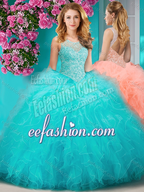 Sophisticated See Through Beaded Scoop Sweet 16 Dress with Ruffles