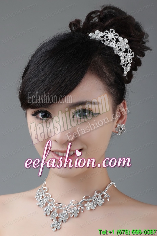 Flower Shape Rhinestone Jewelry Set Including Necklace Earrings And Earrings
