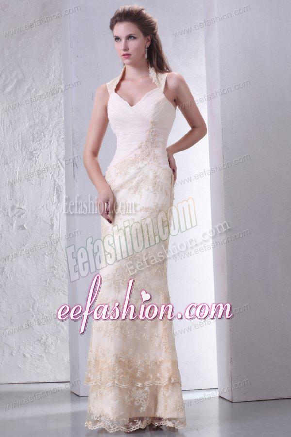 Beautiful Halter Top Column Lace Wedding Dress Floor-length