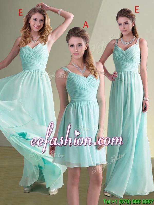 Cheap Straps Beaded and Ruched Aqua Blue Dama Dress in Chiffon