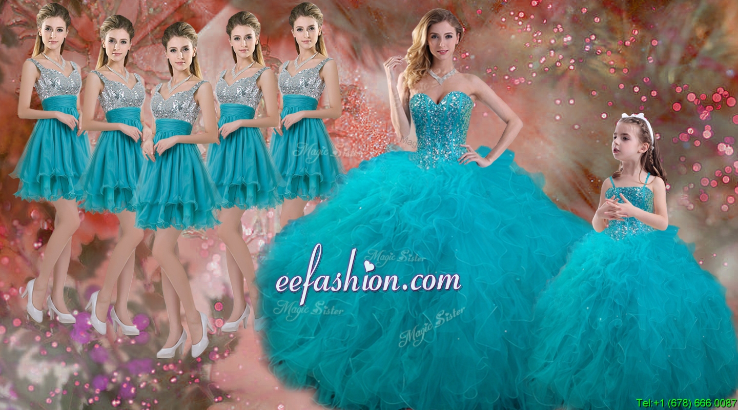 Luxurious Beaded and Ruffled Quinceanera Dress and Sweet Spaghetti Straps Teal Mini Qwuinceanera Package and Discount Sequined Short Dama Dresses
