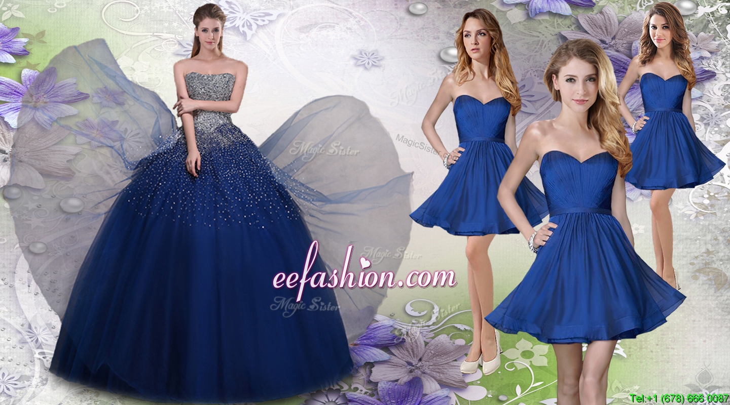 Pretty Navy Blue Really Puffy Quinceanera Package and Fashionable Short Dama Dresses