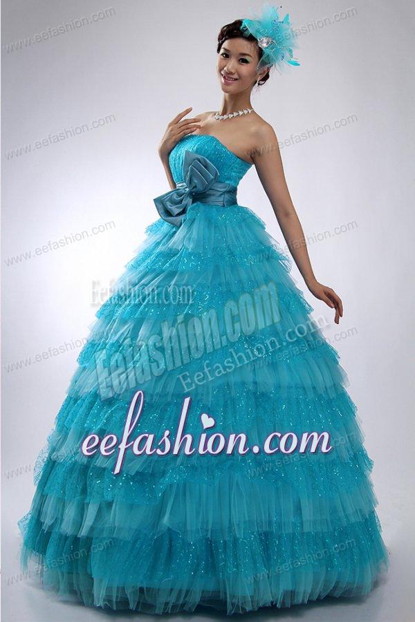 Teal Strapless Tulle and Sequins Long Quinceanera Dress with Bowknot