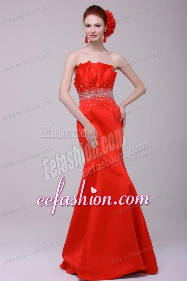 2014 Gorgeous Mermaid Strapless Red Zipper Up Prom Dress with Beading