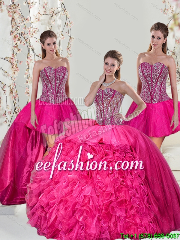 2015 Beautiful and Detachable Hot Pink Quinceanera Dresses with Beading and Ruffles