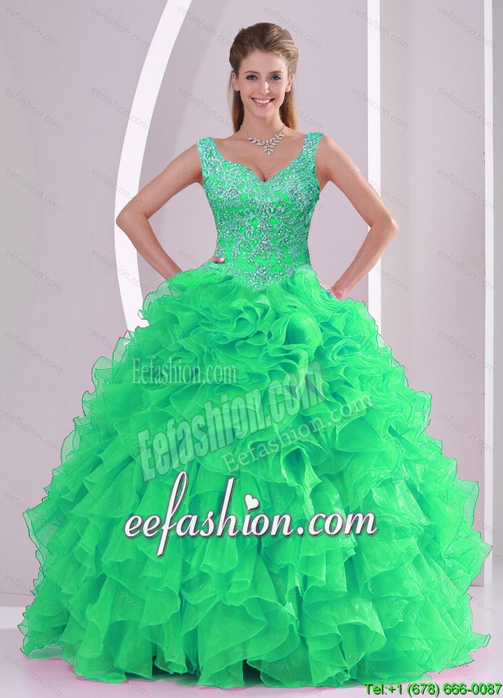 2015 Custom Made Spring Green Quinceanera Dresses with Beading and Ruffles