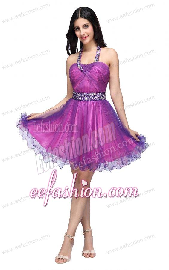 ... line Halter Top Beading and Ruching Knee-length Purple Prom Dress