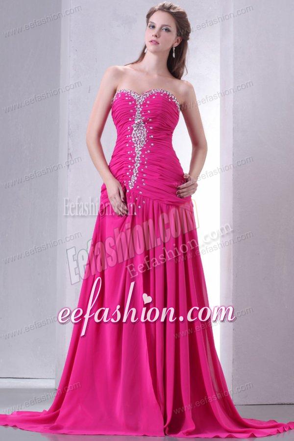 A-line Sweetheart Beading and Ruche Chiffon Prom Dress in Hot Pink