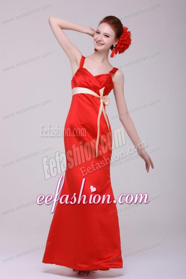 Cheap Column Straps Floor-length Taffeta Sash Red Prom Dress