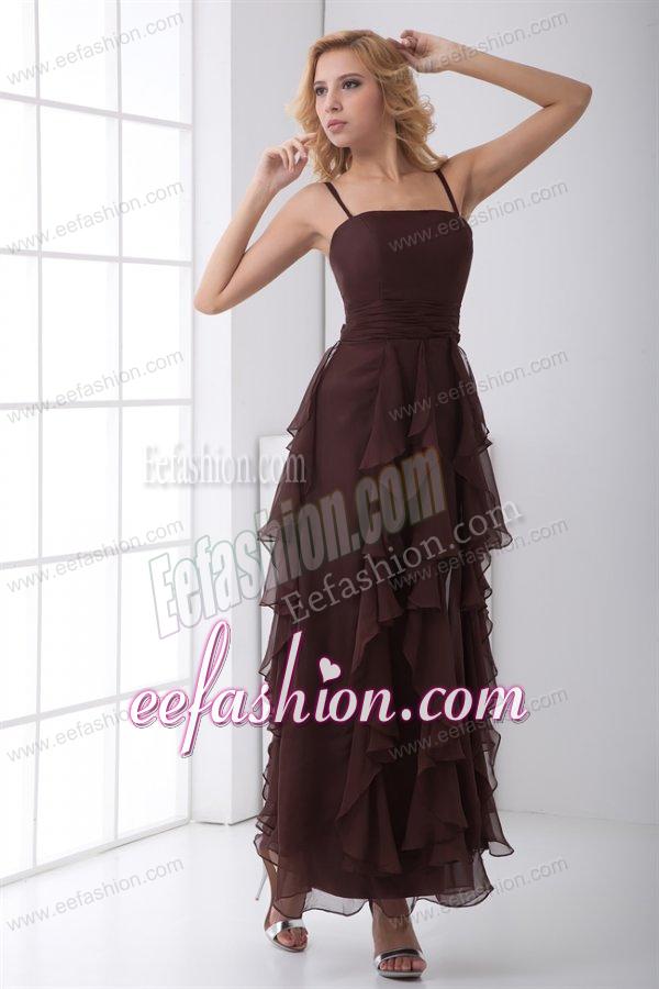 Column Brown Chiffon Ankle-length Prom Dress with Straps