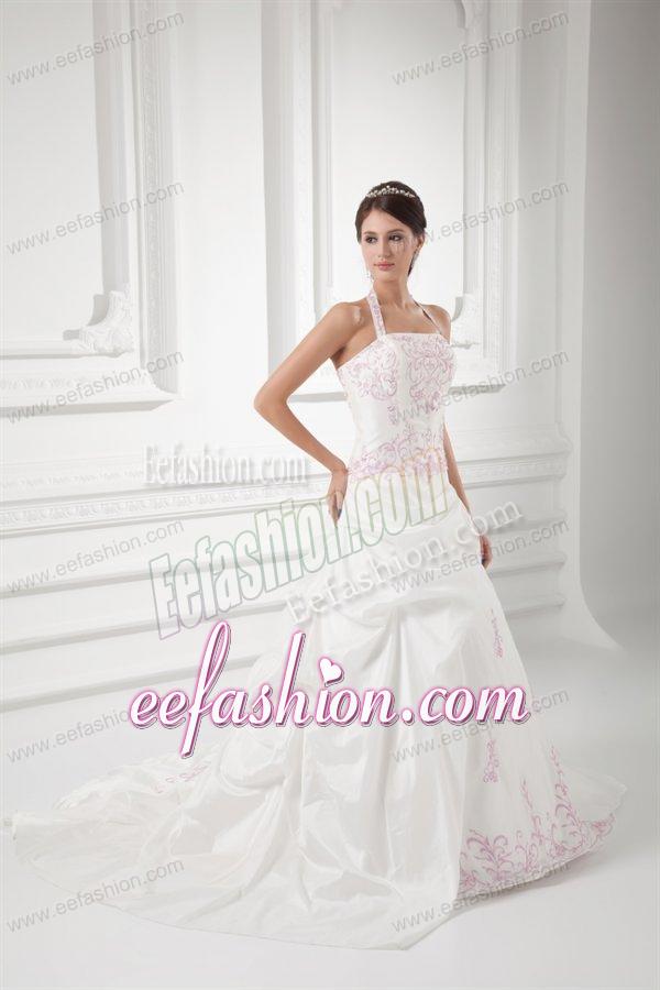 Elegant Halter Top Court Train Wedding Dress with Embroidery and Pick-ups
