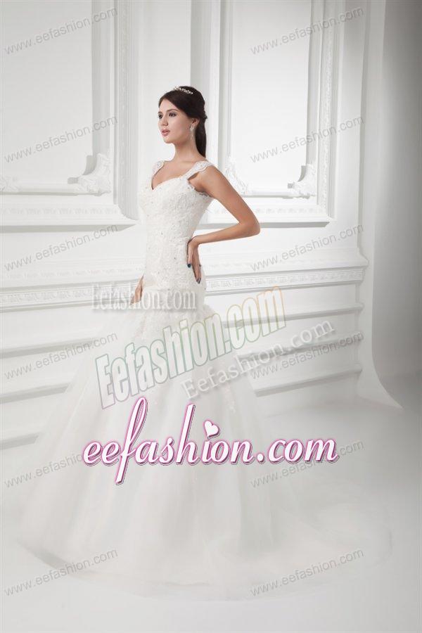 Luxurious A-line Straps Wedding Dress with Lace Sweep Train