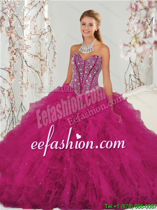 New Style Beading and Ruffles Dresses for Quince in Red for 2015