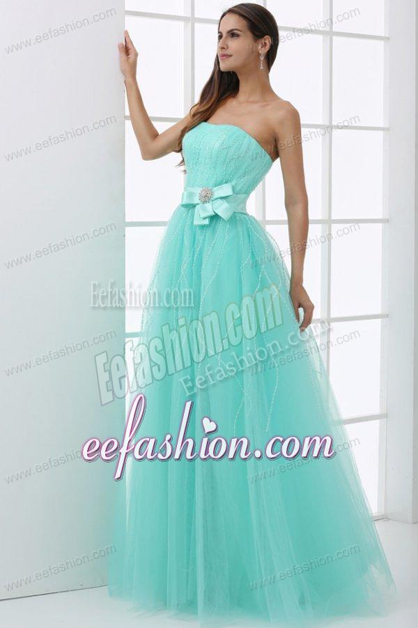 A-line Apple Green Strapless Sash Beading Tulle Prom Dress