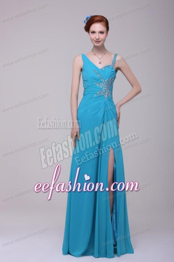 Asymmetrical Beading and High Silt Chiffon Prom Dress in Teal