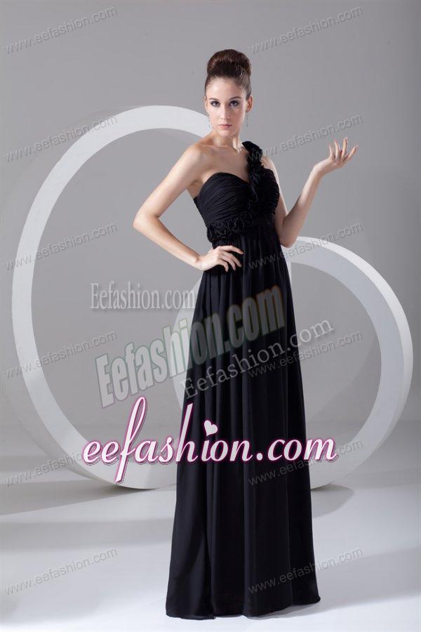 Cheap Black Empire One Shoulder Prom Dress with Flowers