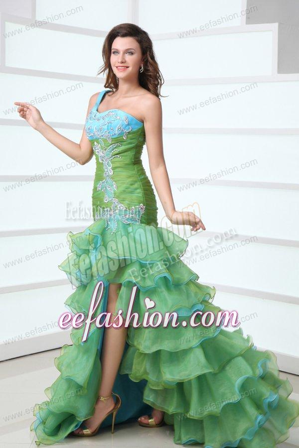 Cute A-Line One Shoulder Organza Beading and Ruffled Layers Green Prom Dress with High-low