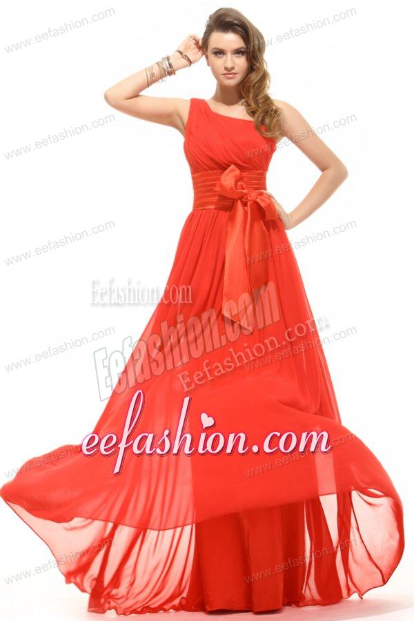 Empire Coral Red One Shoulder Bow Ruching Chiffon Prom Dress