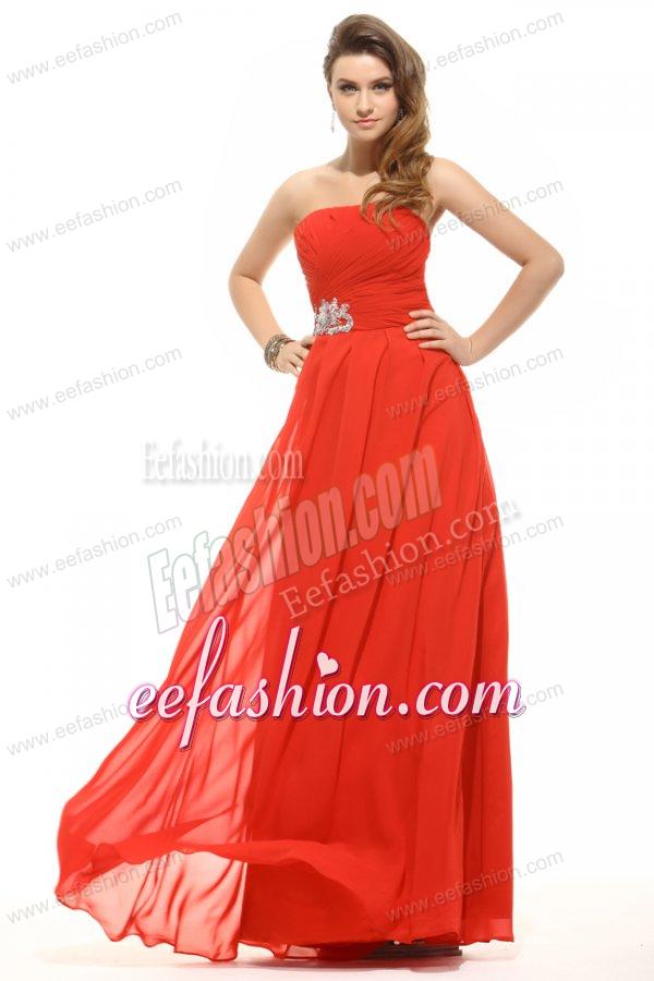 Empire Coral Red Strapless Beading and Ruching Prom Dress