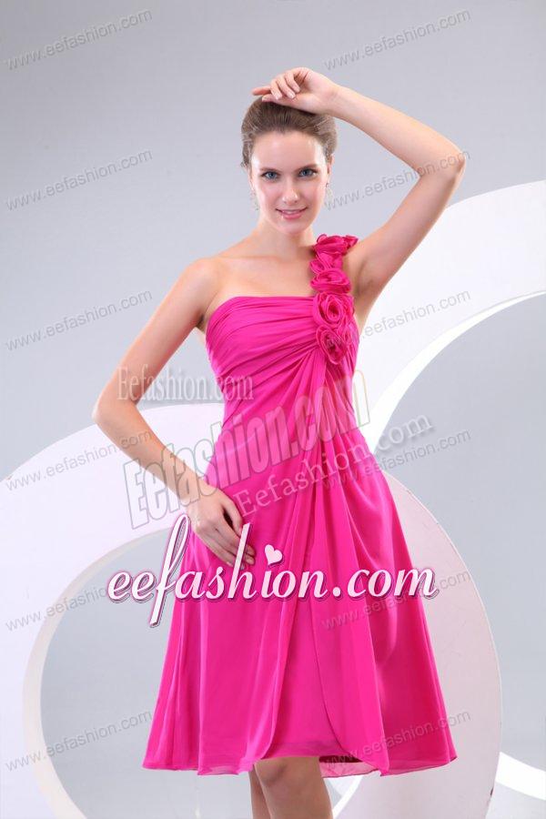Hot Pink Hand Made Flowers and Ruching One Shoulder Prom Dress